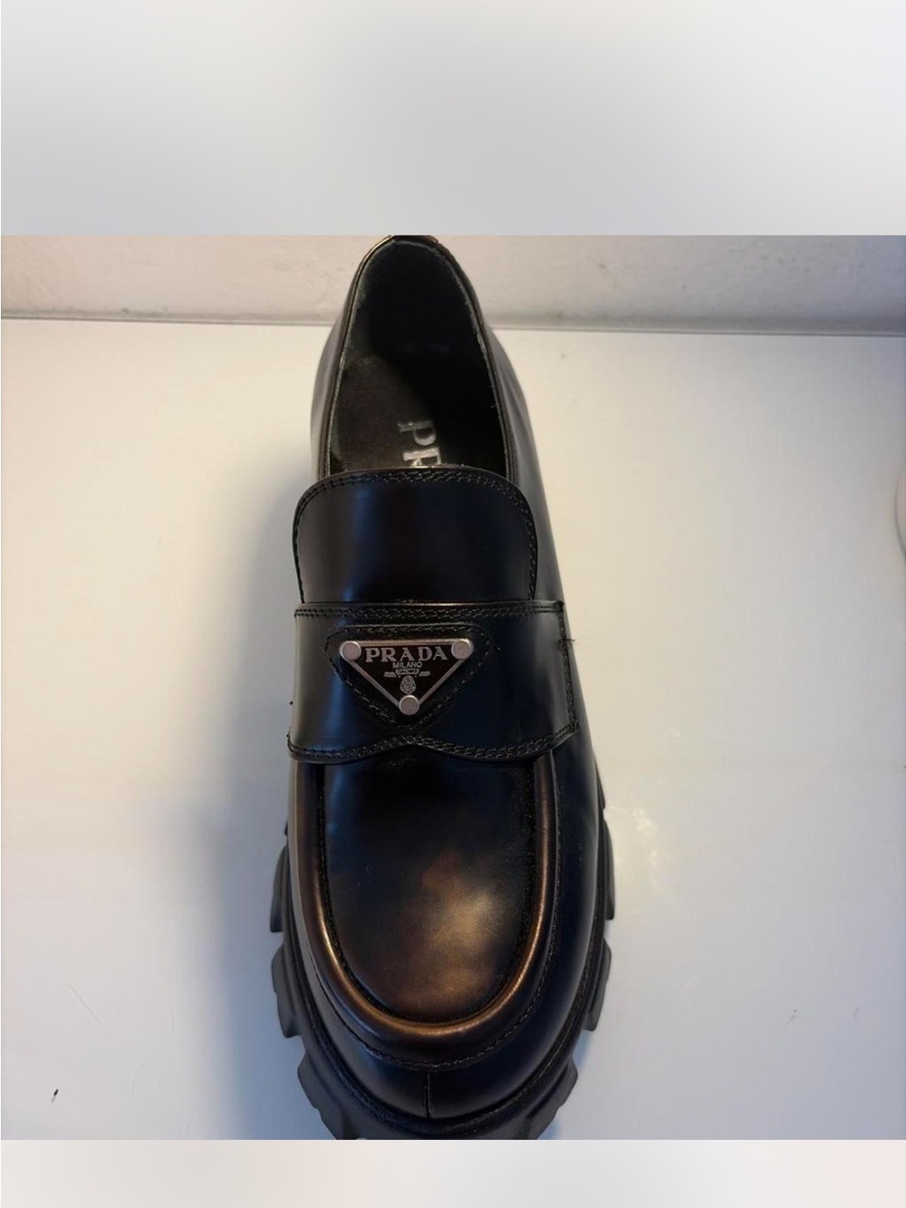 Prada brushed leather monolith loafers